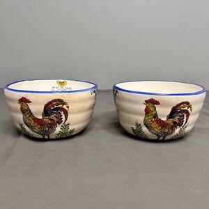 Set Of 2 Hand Painted Ceramic Rooster Bowls Colorful  Country Cottage 6.5x3.75”